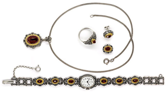 Foto 1 - Schmuck Set aus Granat Collier, Ring, Ohrringen und Uhr, R8656